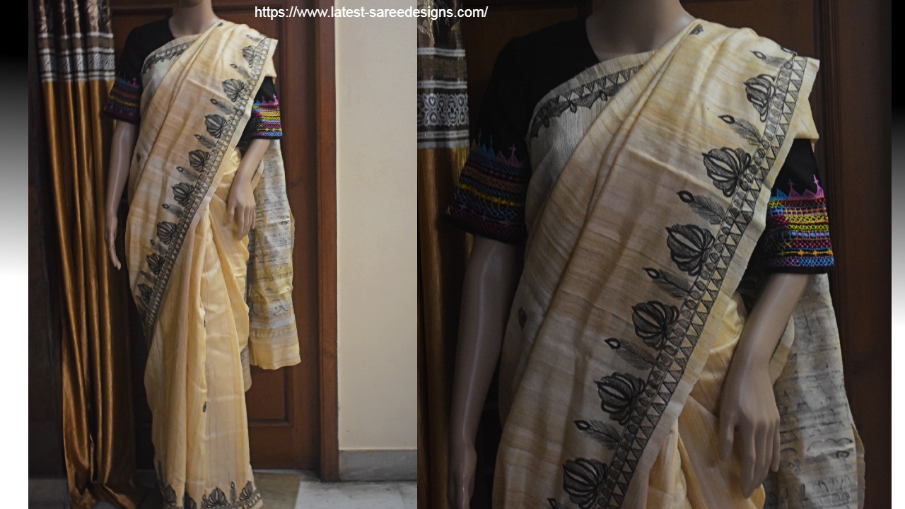 Tussar saree with Madhubani painting